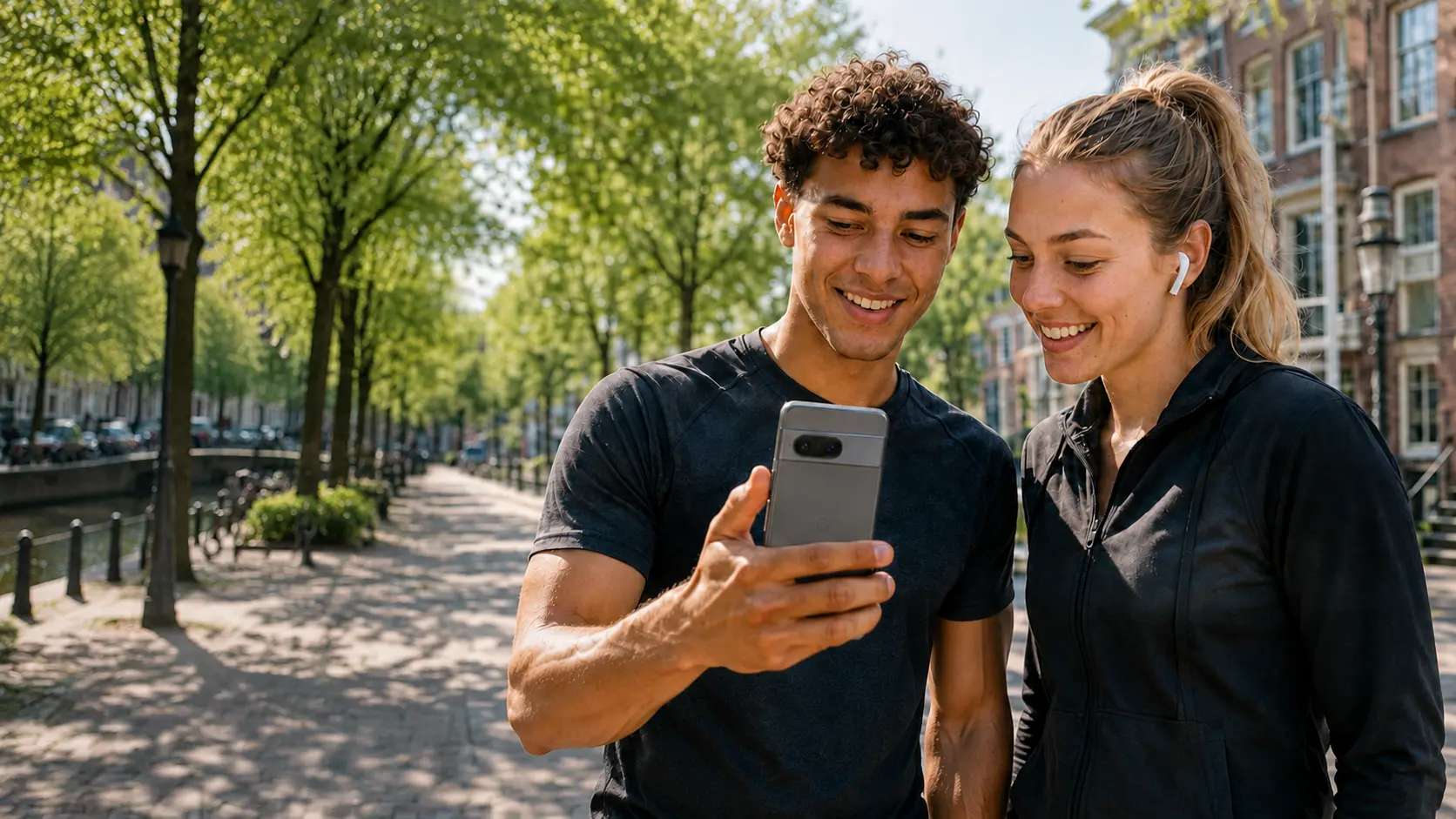 Twee jonge sporters die samen op een telefoon kijken