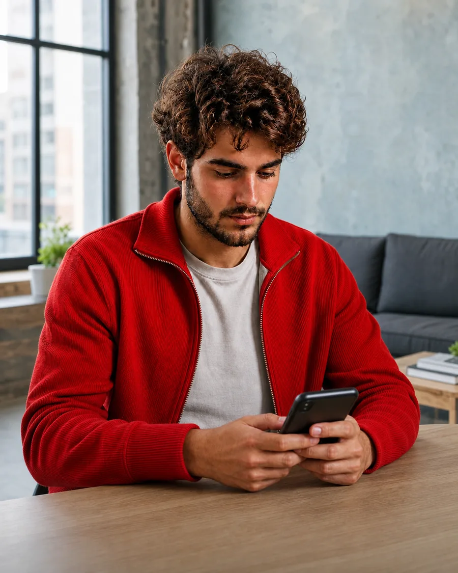 Jonge gebruiker bekijkt zijn telefoon in een lichte stedelijke woning