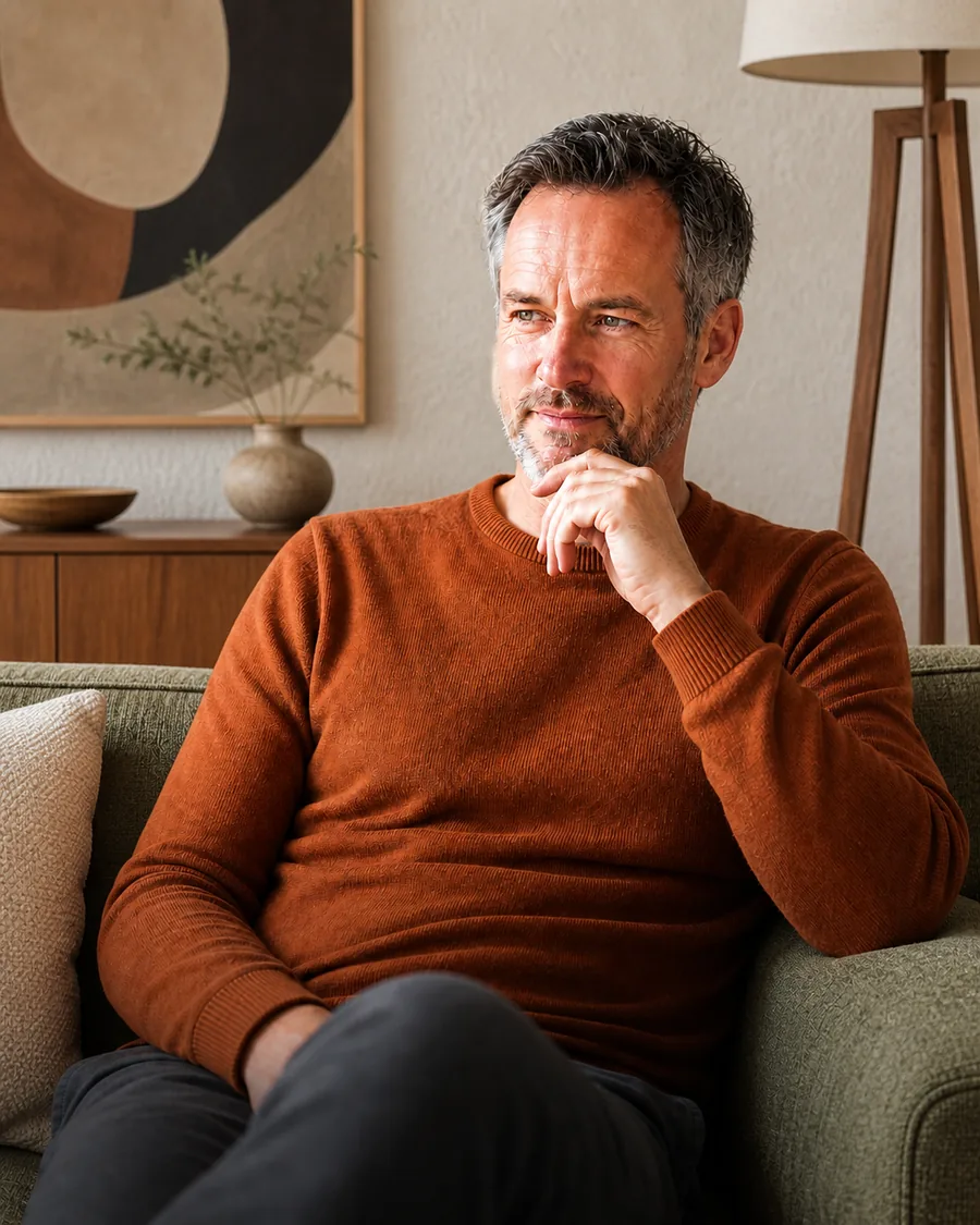Gebruiker denkt ontspannen op de bank na over zijn strategie